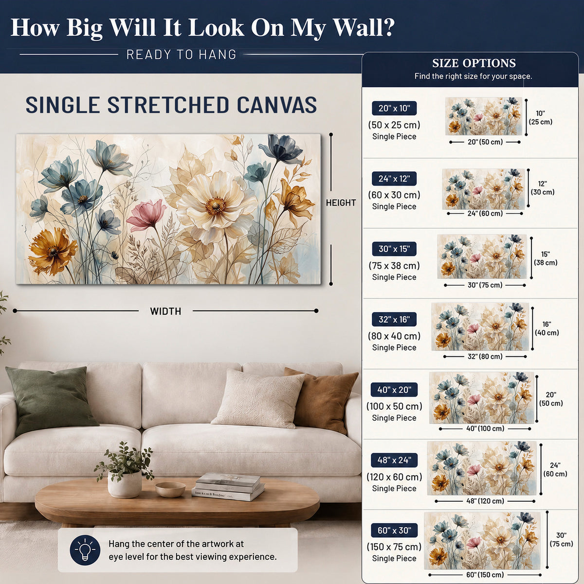 Airy blue, ochre and blush flowers on a warm cream background single canvas wall art size guide above a sofa; room view is illustrative