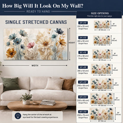 Airy blue, ochre and blush flowers on a warm cream background single canvas wall art size guide above a sofa; room view is illustrative