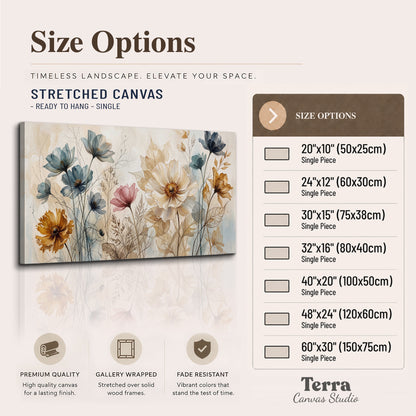 Airy blue, ochre and blush flowers on a warm cream background single canvas wall art available dimensions