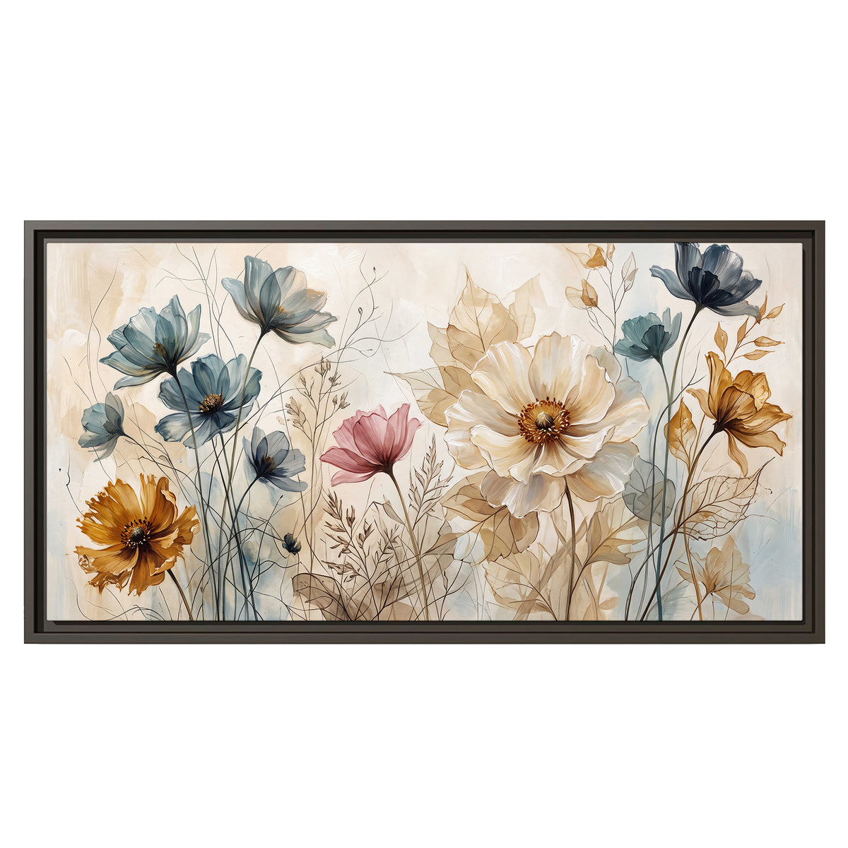 Airy blue, ochre and blush flowers on a warm cream background single framed canvas wall art viewed straight on