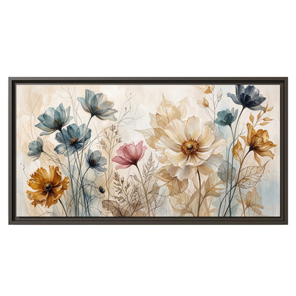 Airy blue, ochre and blush flowers on a warm cream background single framed canvas wall art viewed straight on