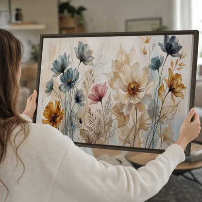 Airy blue, ochre and blush flowers on a warm cream background single framed canvas wall art held in hands