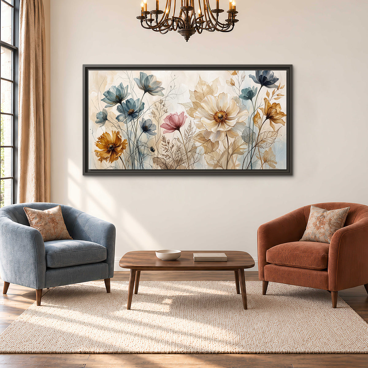 Airy blue, ochre and blush flowers on a warm cream background single framed canvas wall art styled in an interior