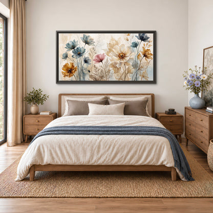 Airy blue, ochre and blush flowers on a warm cream background single framed canvas wall art styled in an interior