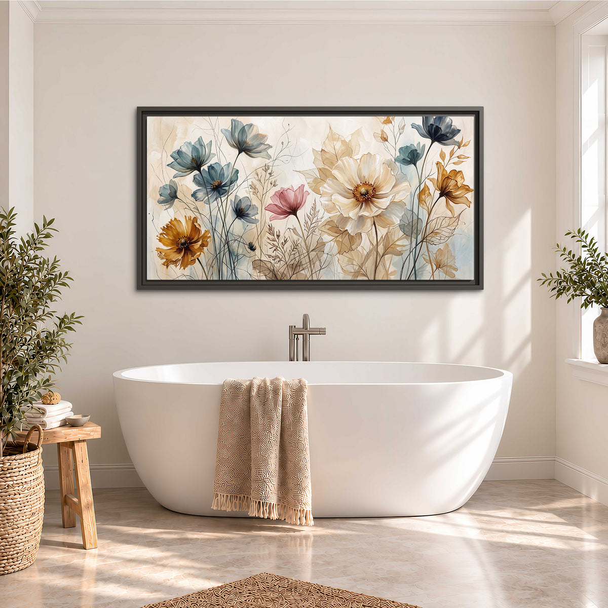Airy blue, ochre and blush flowers on a warm cream background single framed canvas wall art styled in an interior