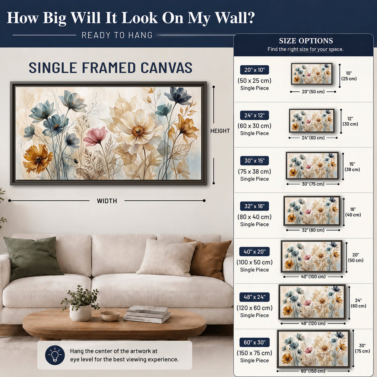 Airy blue, ochre and blush flowers on a warm cream background single framed canvas wall art size guide above a sofa; room view is illustrative