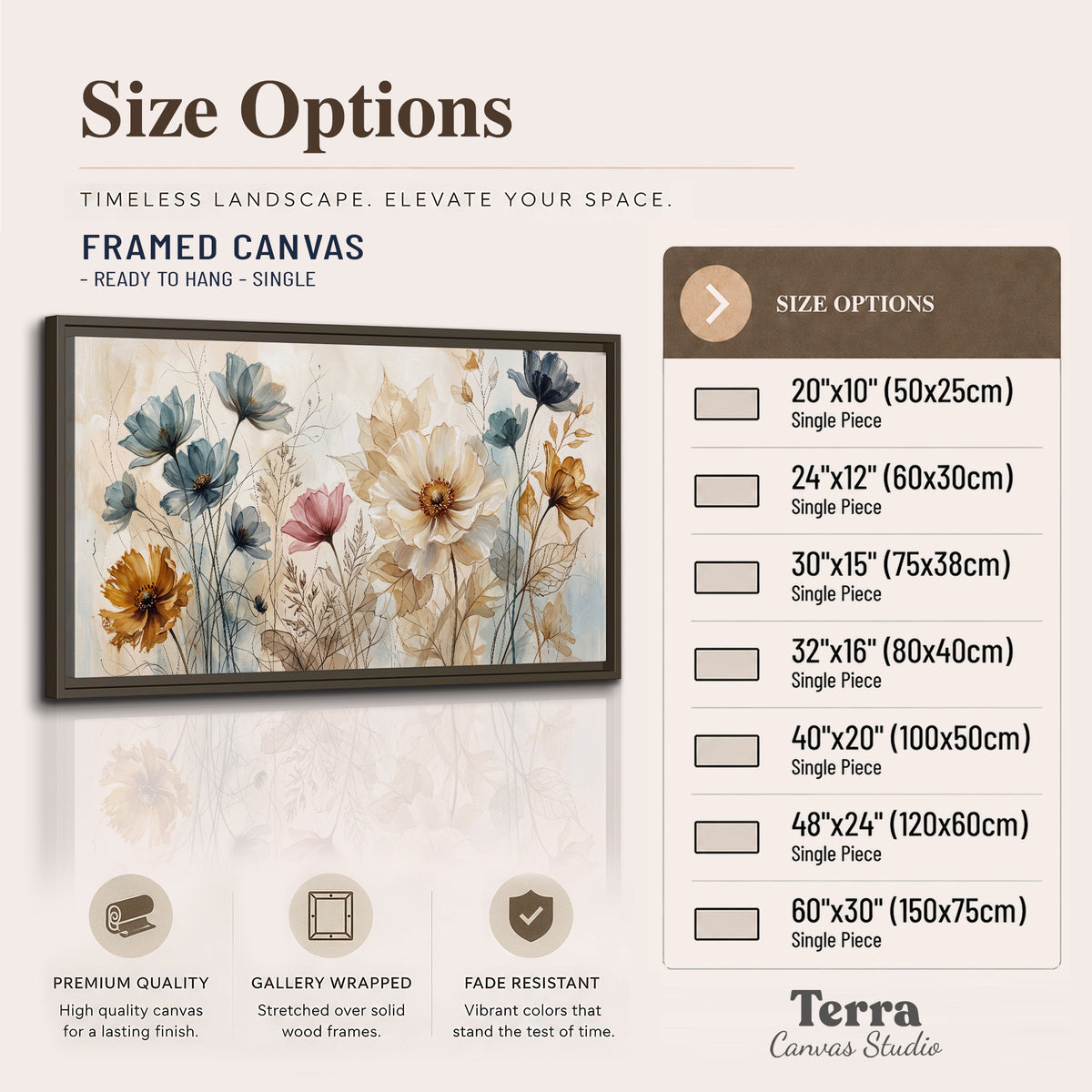 Airy blue, ochre and blush flowers on a warm cream background single framed canvas wall art available dimensions
