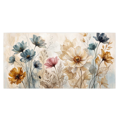 Airy blue, ochre and blush flowers on a warm cream background single poster print viewed straight on