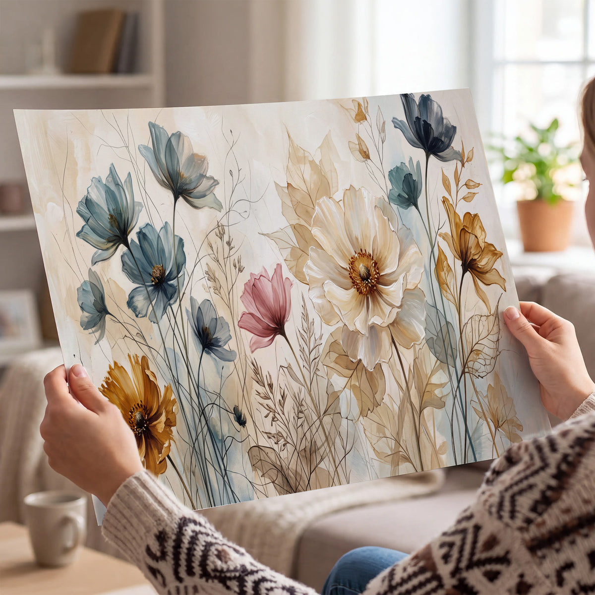 Airy blue, ochre and blush flowers on a warm cream background single poster print held in hands