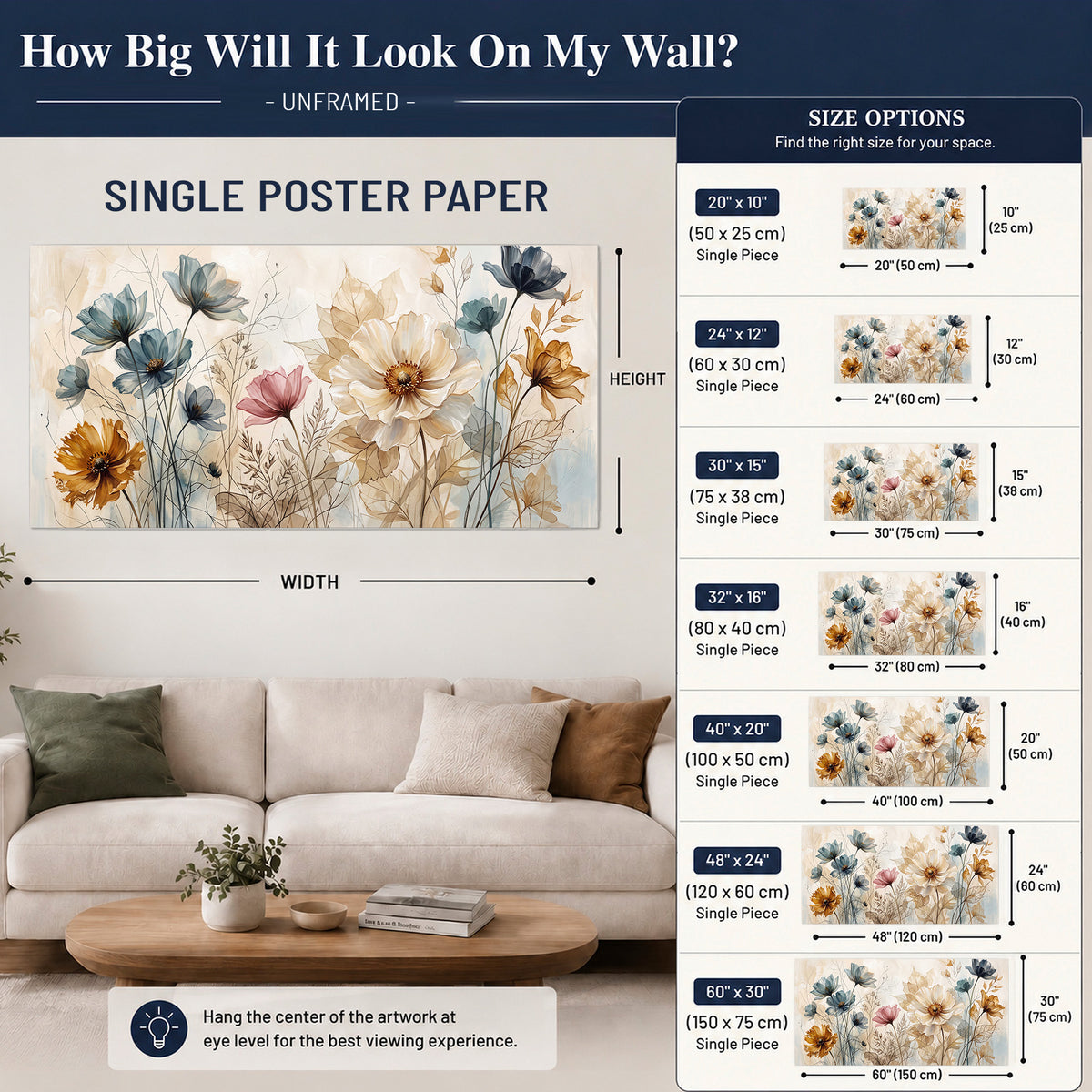 Airy blue, ochre and blush flowers on a warm cream background single poster print size guide above a sofa; room view is illustrative