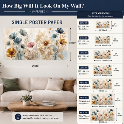 Airy blue, ochre and blush flowers on a warm cream background single poster print size guide above a sofa; room view is illustrative