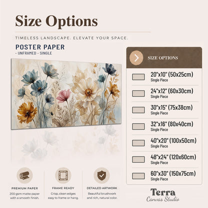 Airy blue, ochre and blush flowers on a warm cream background single poster print available dimensions