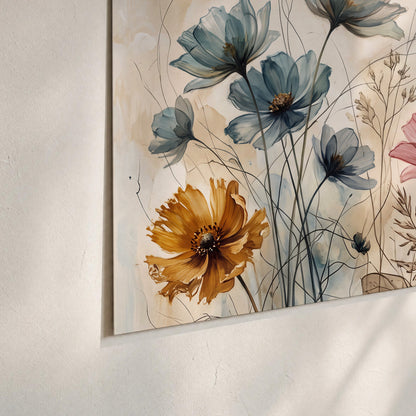 Airy blue, ochre and blush flowers on a warm cream background set of 3 poster prints material and edge close up
