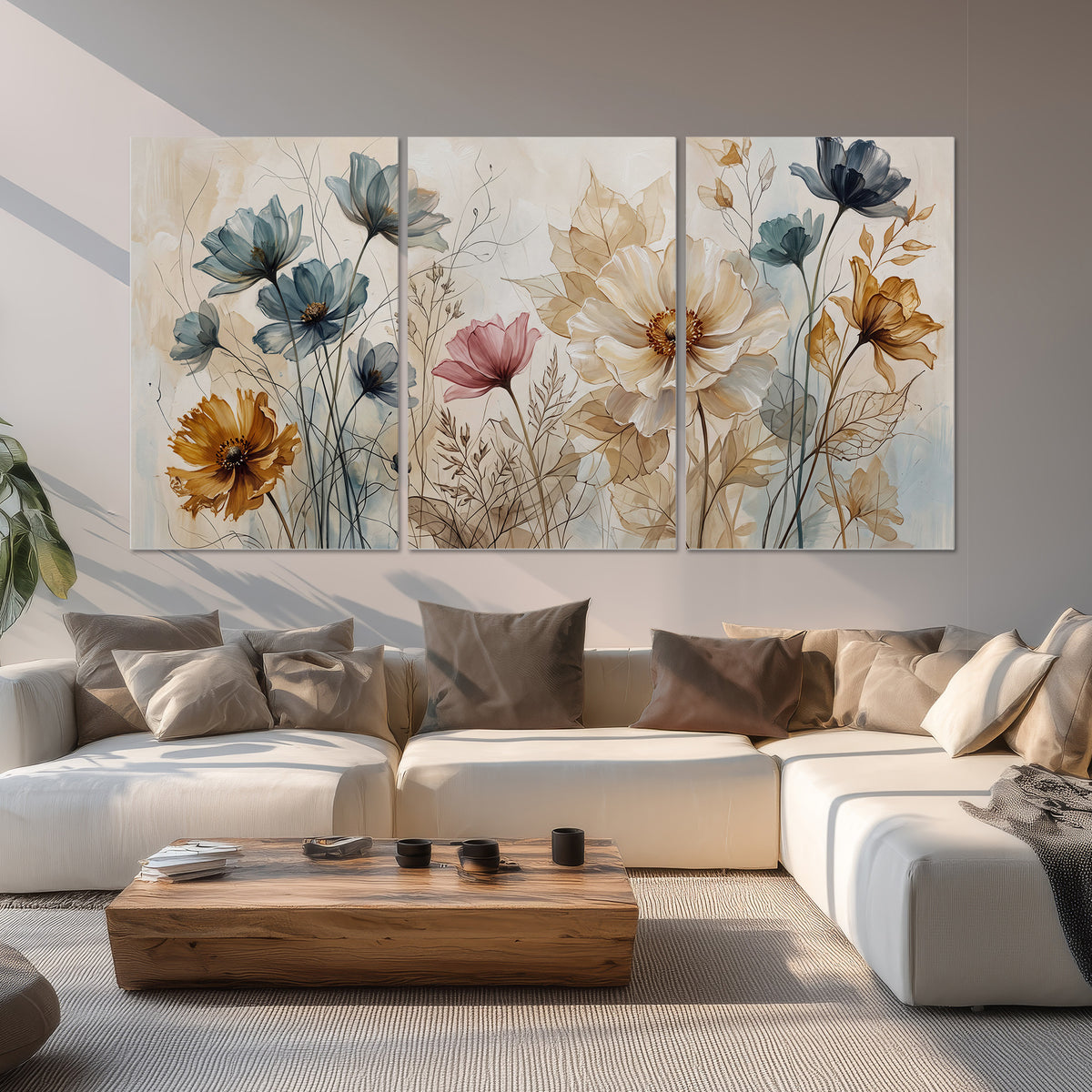 Airy blue, ochre and blush flowers on a warm cream background set of 3 poster prints displayed in a living room
