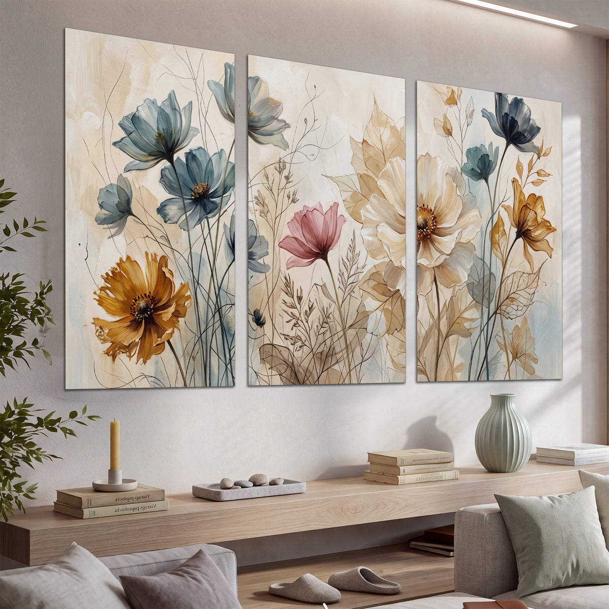 Airy blue, ochre and blush flowers on a warm cream background set of 3 poster prints displayed in a console