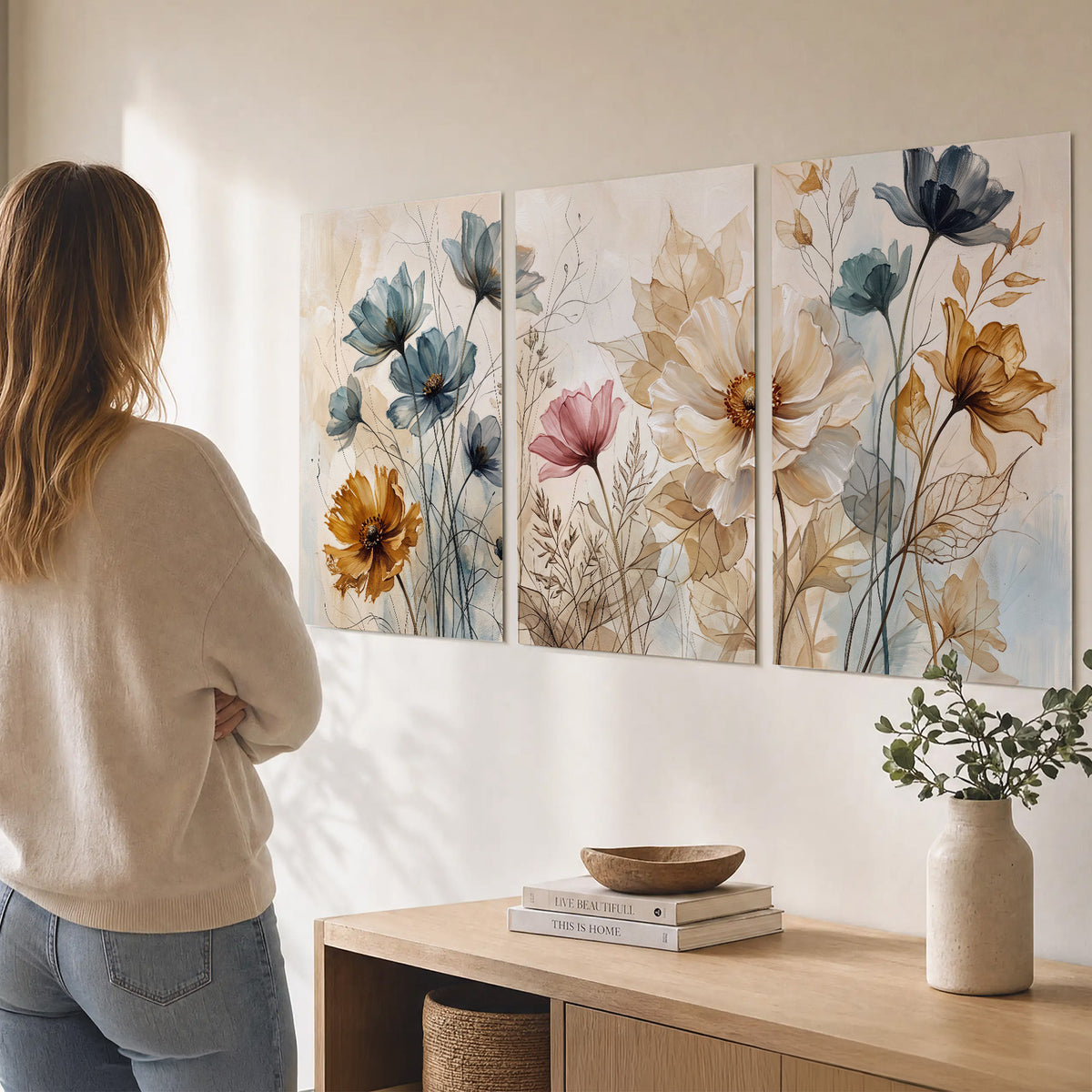Airy blue, ochre and blush flowers on a warm cream background set of 3 poster prints three panel arrangement on a wall