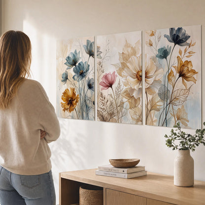 Airy blue, ochre and blush flowers on a warm cream background set of 3 poster prints three panel arrangement on a wall