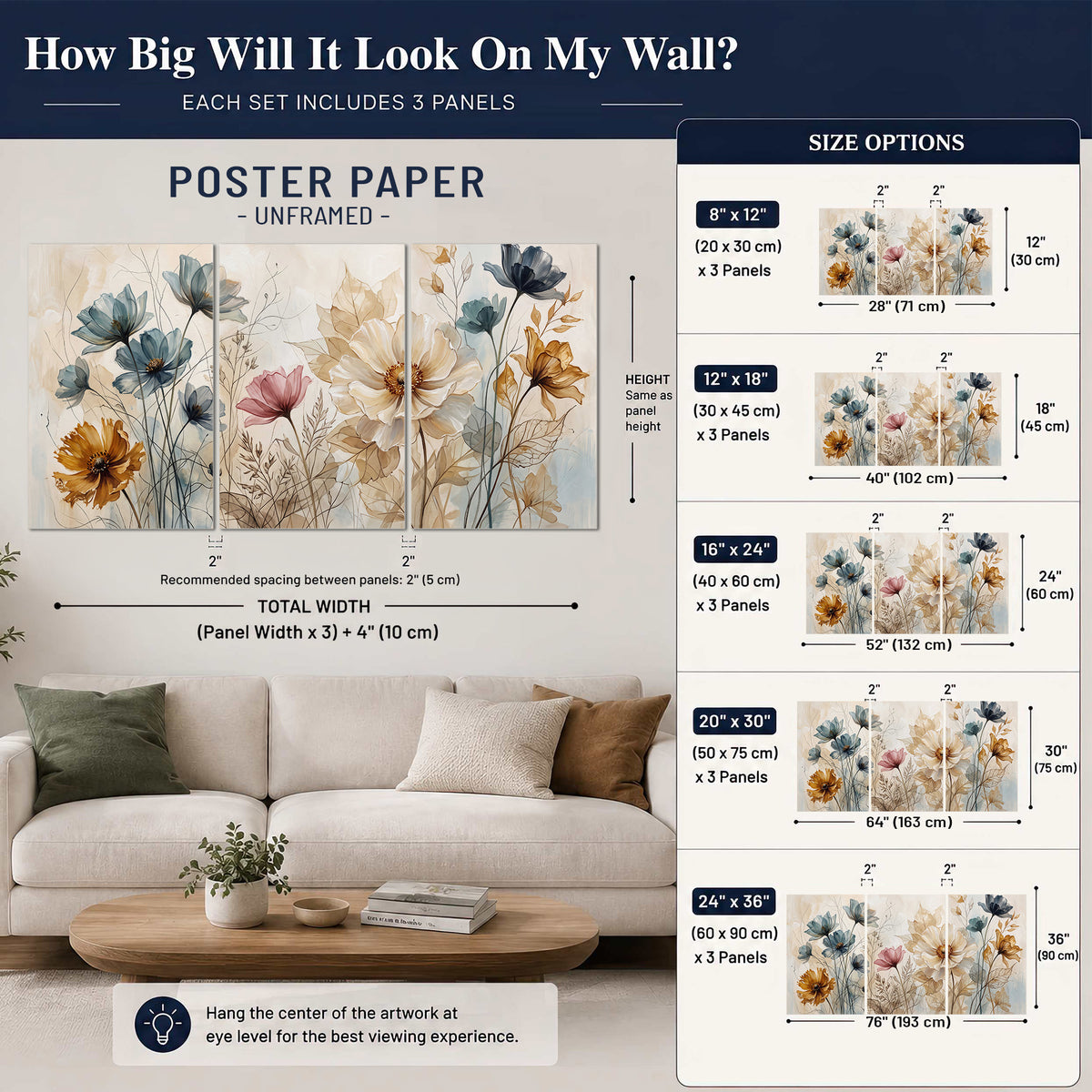 Airy blue, ochre and blush flowers on a warm cream background set of 3 poster prints size guide above a sofa; room view is illustrative