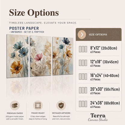 Airy blue, ochre and blush flowers on a warm cream background set of 3 poster prints available dimensions; triptych dimensions are per panel