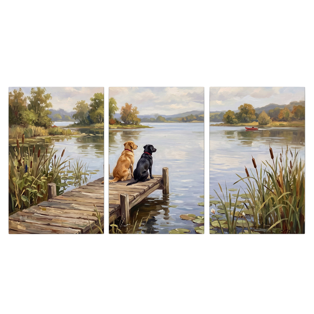 Two dogs sitting together on a wooden dock overlooking a peaceful lake 3 piece canvas wall art viewed straight on