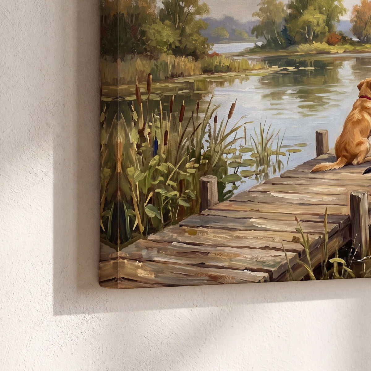 Two dogs sitting together on a wooden dock overlooking a peaceful lake 3 piece canvas wall art material and edge close up