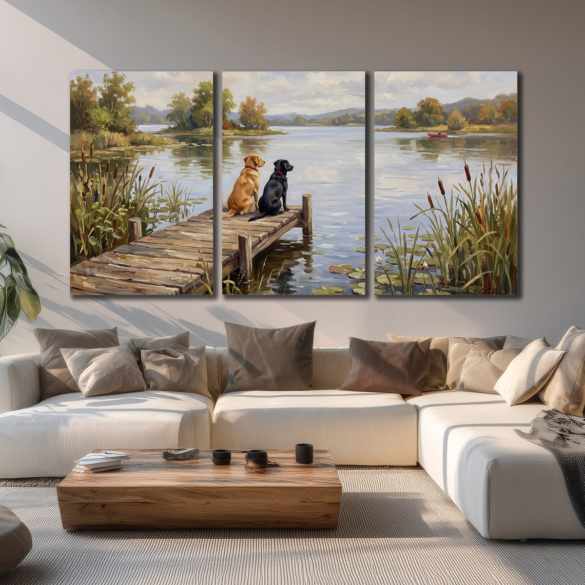 Two dogs sitting together on a wooden dock overlooking a peaceful lake 3 piece canvas wall art displayed in a living room