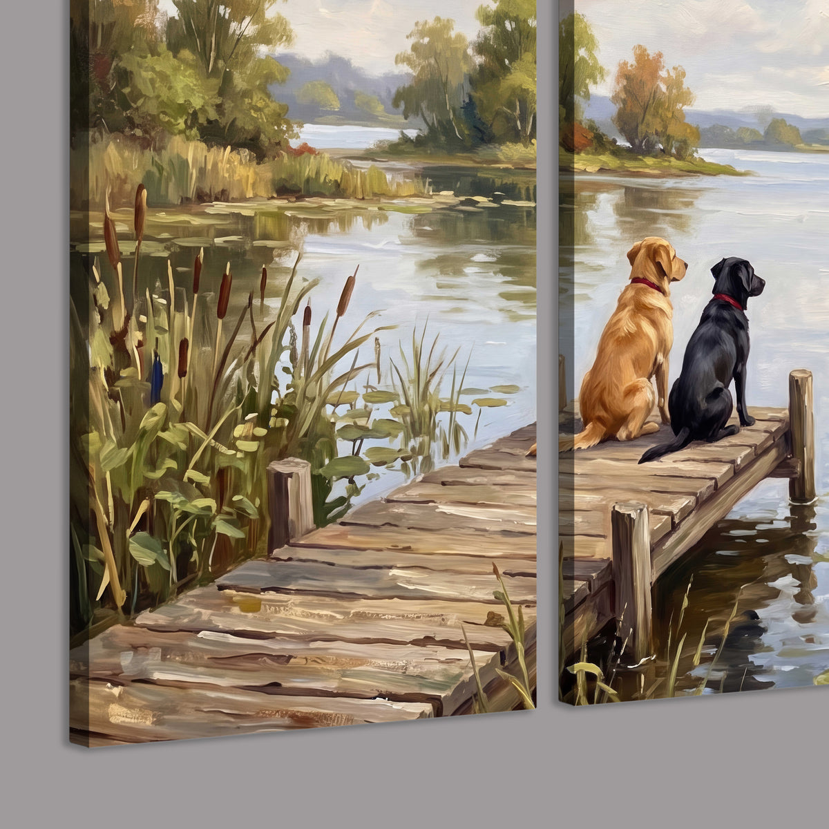 Two dogs sitting together on a wooden dock overlooking a peaceful lake 3 piece canvas wall art room and product view