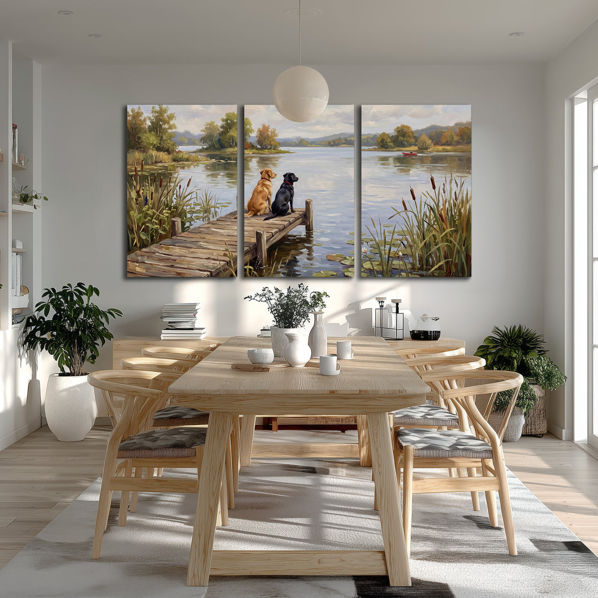 Two dogs sitting together on a wooden dock overlooking a peaceful lake 3 piece canvas wall art room and product view