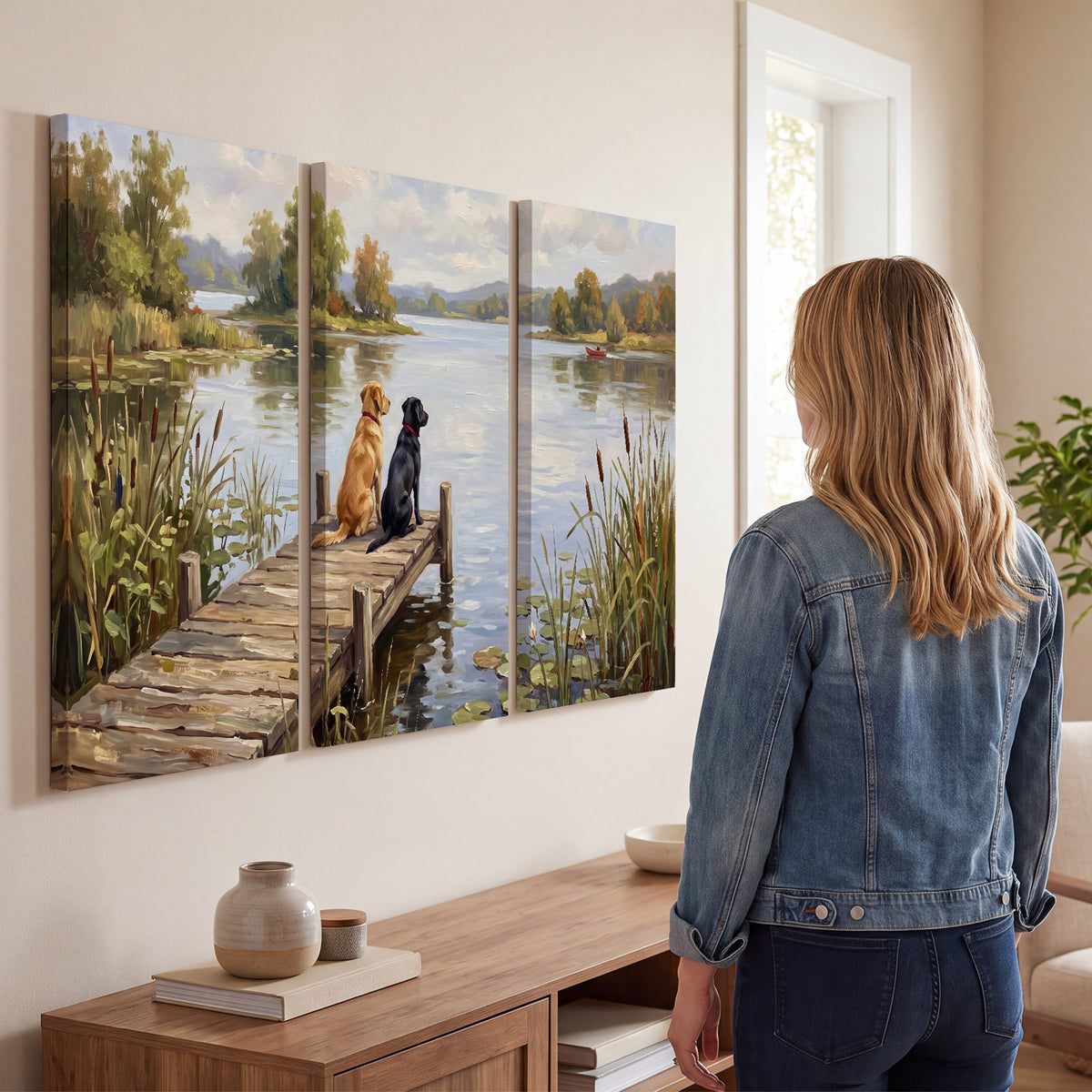 Two dogs sitting together on a wooden dock overlooking a peaceful lake 3 piece canvas wall art three panel arrangement on a wall
