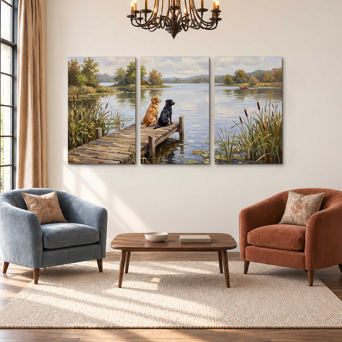 Two dogs sitting together on a wooden dock overlooking a peaceful lake 3 piece canvas wall art styled in an interior