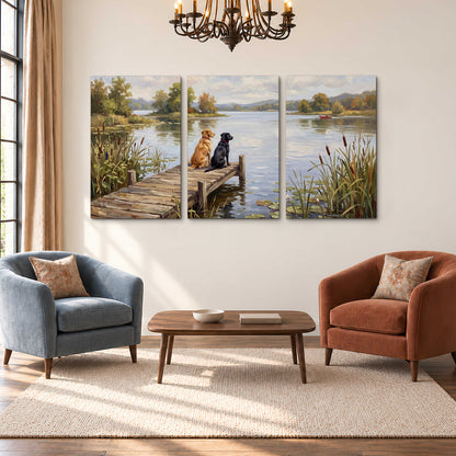 Two dogs sitting together on a wooden dock overlooking a peaceful lake 3 piece canvas wall art styled in an interior