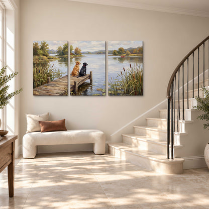 Two dogs sitting together on a wooden dock overlooking a peaceful lake 3 piece canvas wall art styled in an interior