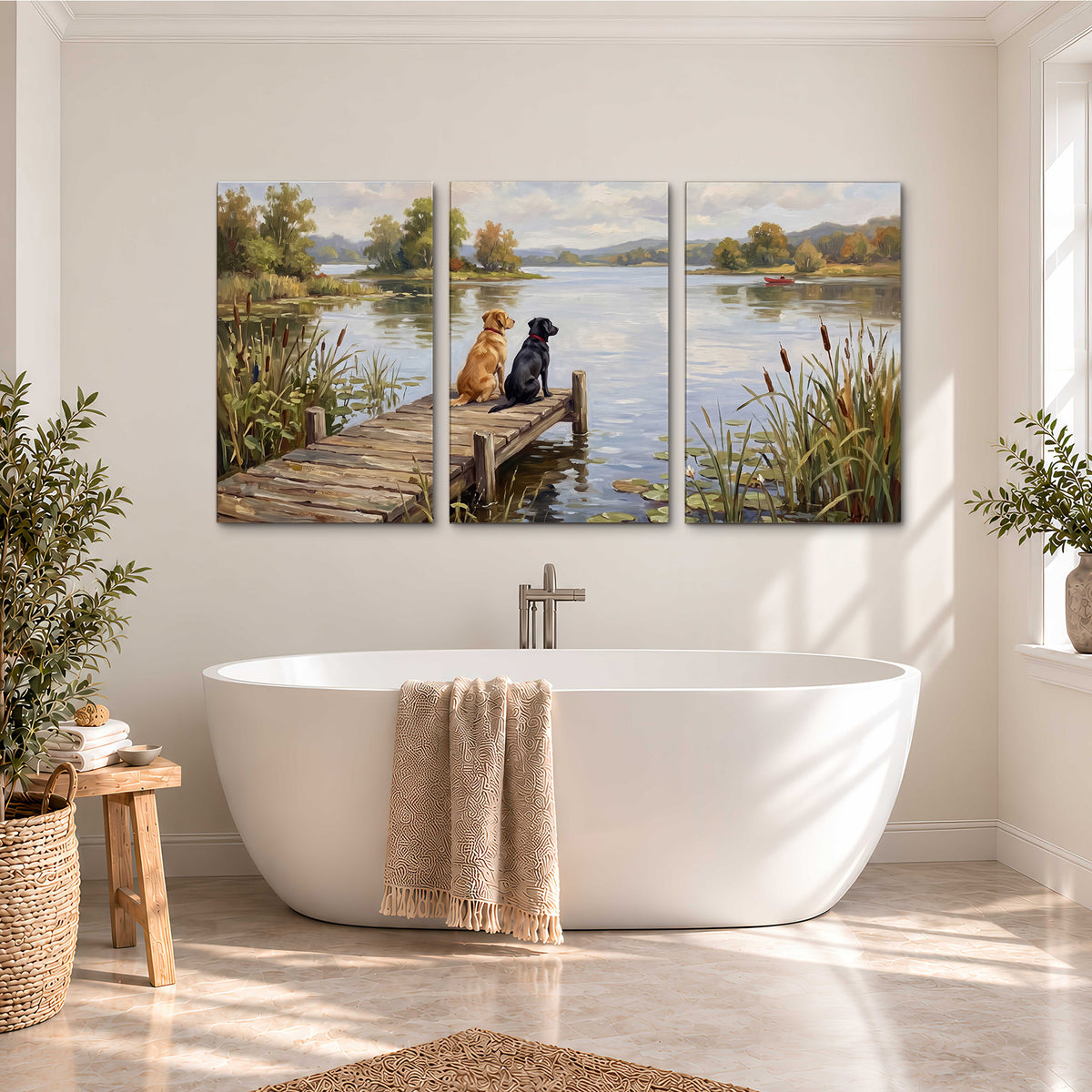 Two dogs sitting together on a wooden dock overlooking a peaceful lake 3 piece canvas wall art styled in an interior