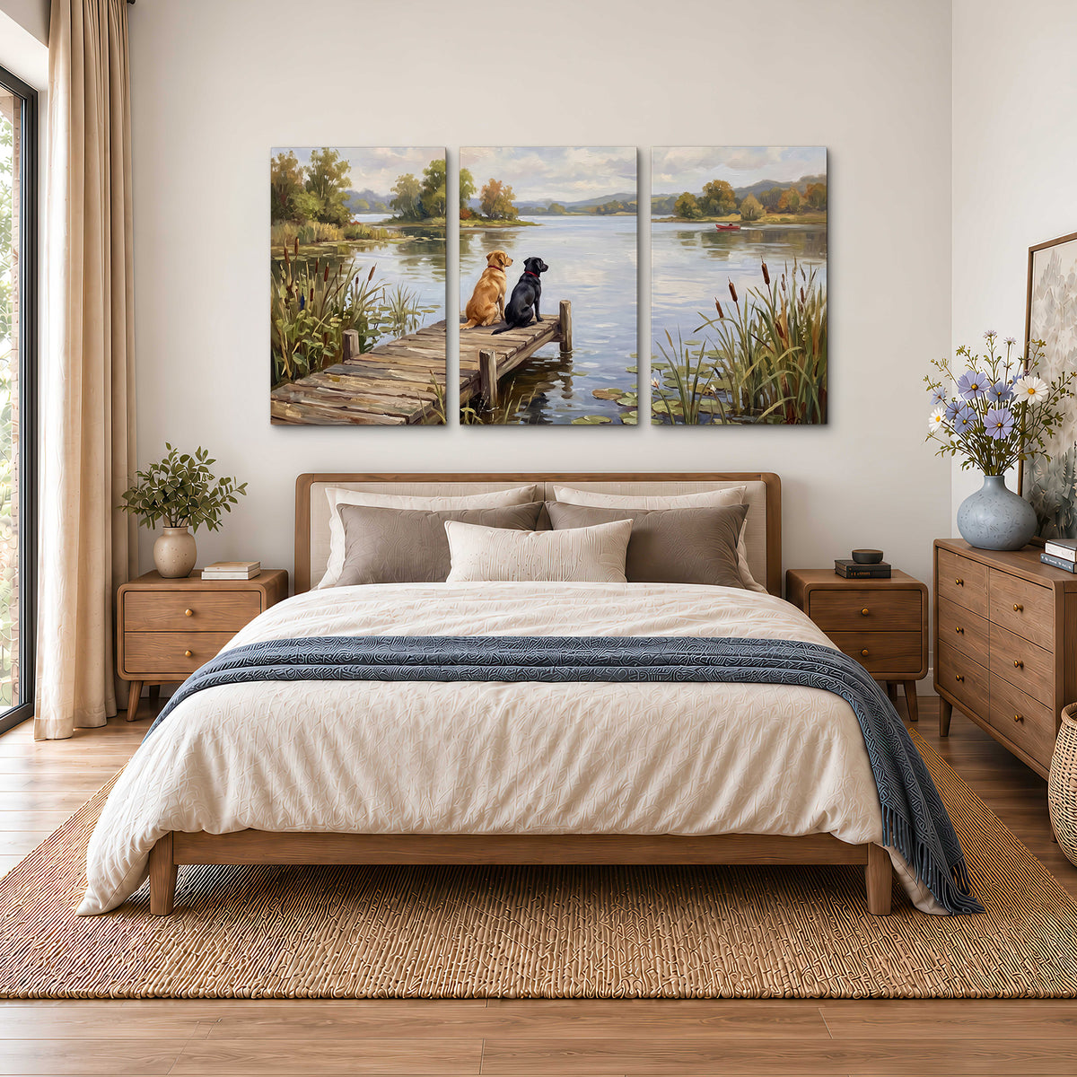 Two dogs sitting together on a wooden dock overlooking a peaceful lake 3 piece canvas wall art styled in an interior
