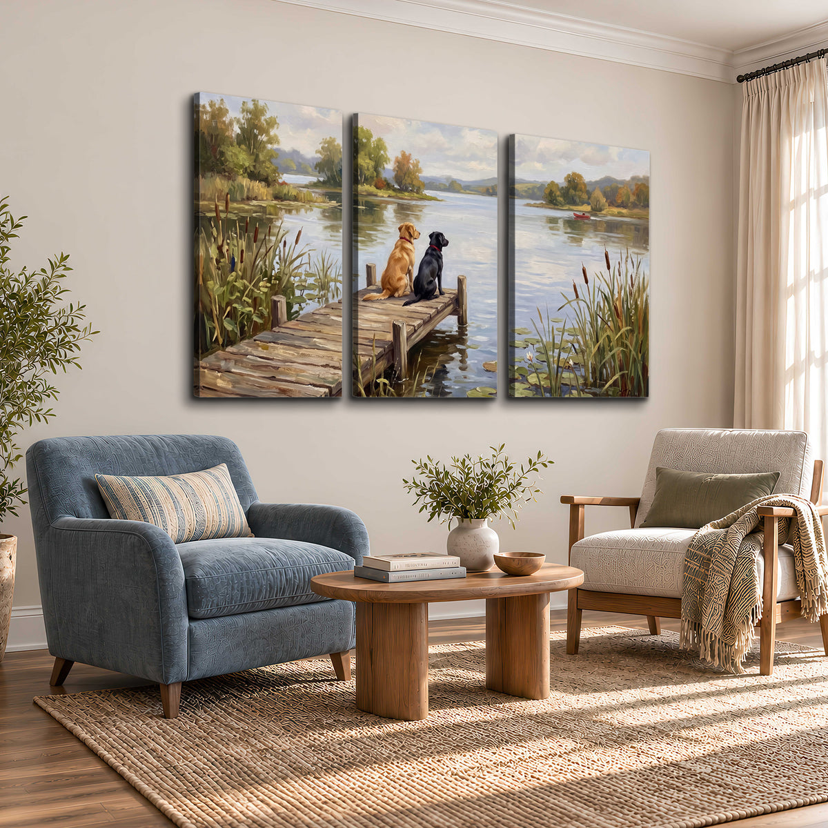 Two dogs sitting together on a wooden dock overlooking a peaceful lake 3 piece canvas wall art styled in an interior