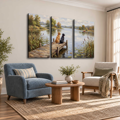Two dogs sitting together on a wooden dock overlooking a peaceful lake 3 piece canvas wall art styled in an interior
