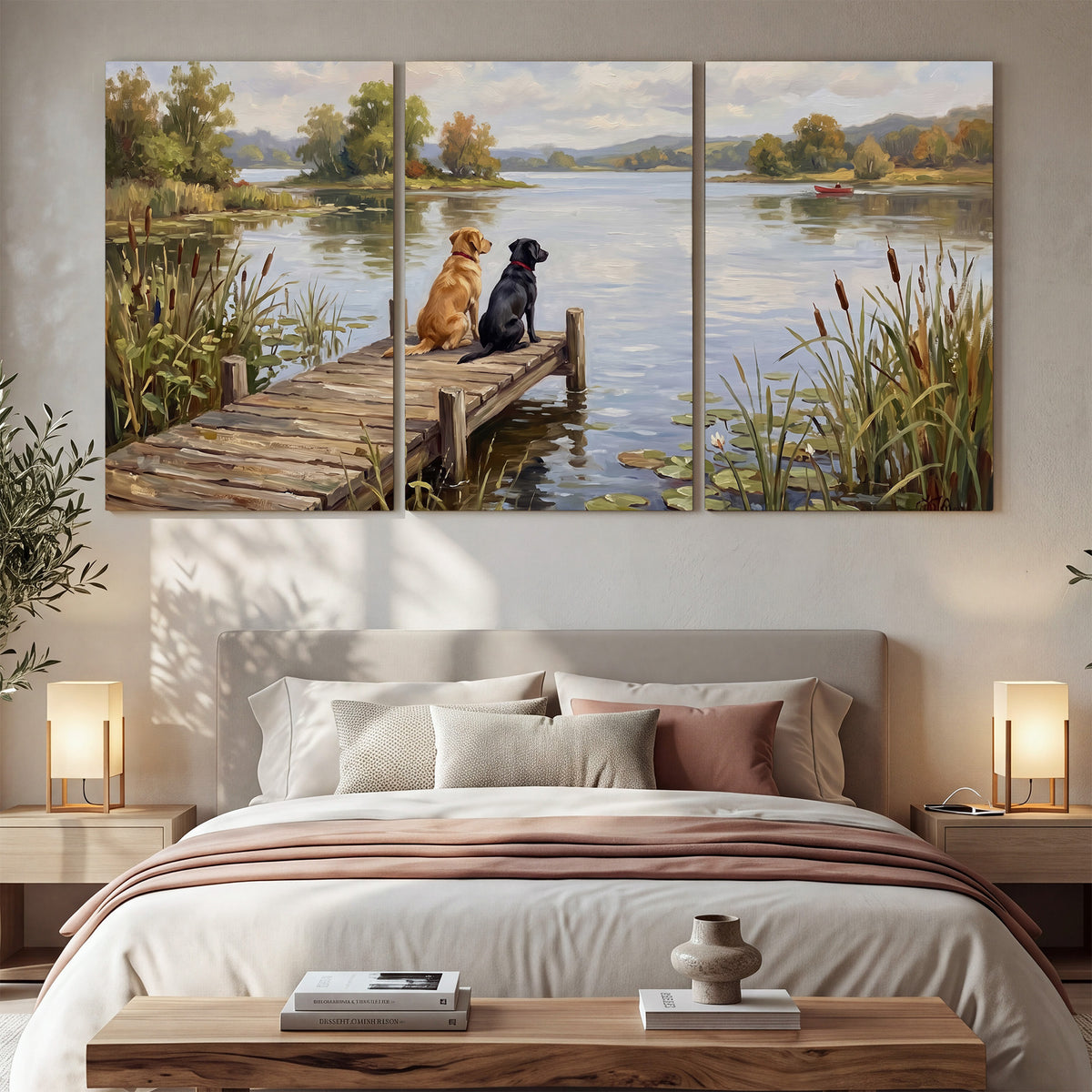 Two dogs sitting together on a wooden dock overlooking a peaceful lake 3 piece canvas wall art displayed in a bedroom