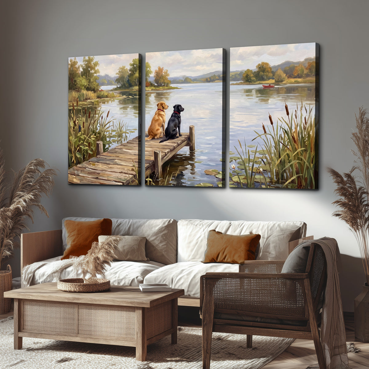 Two dogs sitting together on a wooden dock overlooking a peaceful lake 3 piece canvas wall art displayed in a rustic living room