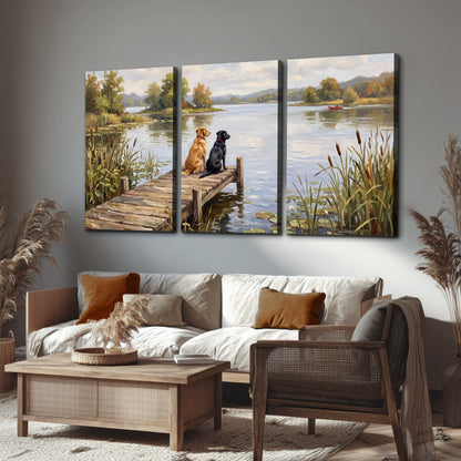 Two dogs sitting together on a wooden dock overlooking a peaceful lake 3 piece canvas wall art displayed in a rustic living room
