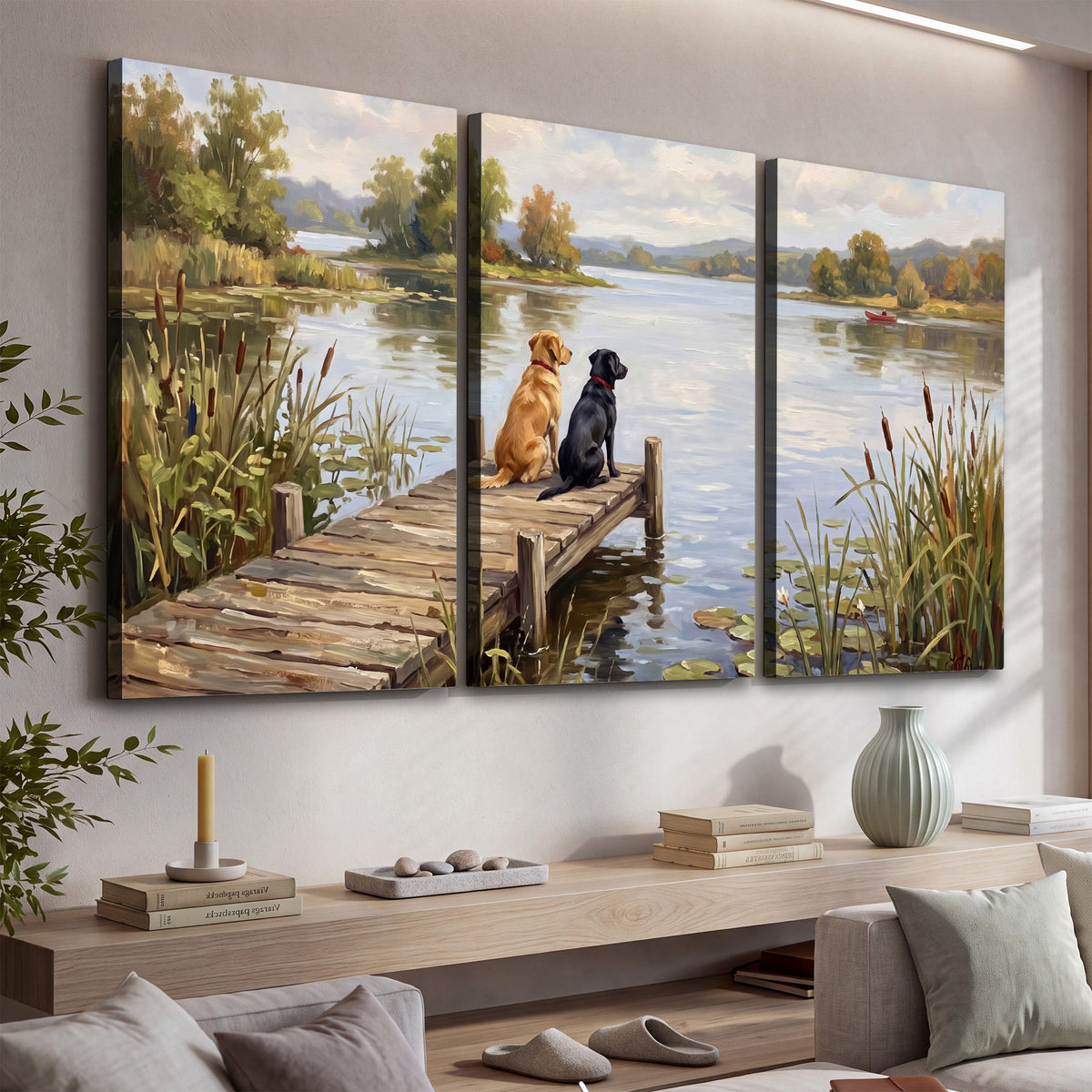 Two dogs sitting together on a wooden dock overlooking a peaceful lake 3 piece canvas wall art displayed in a console