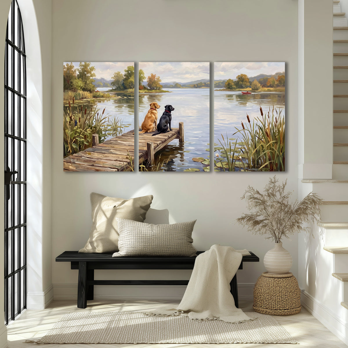 Two dogs sitting together on a wooden dock overlooking a peaceful lake 3 piece canvas wall art displayed in a entryway