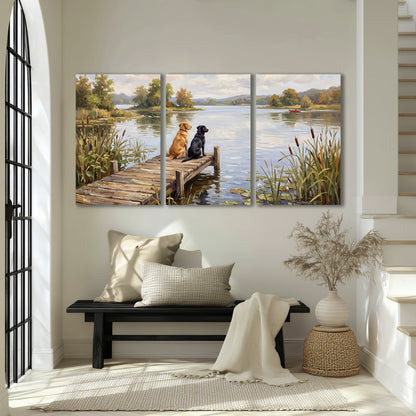 Two dogs sitting together on a wooden dock overlooking a peaceful lake 3 piece canvas wall art displayed in a entryway