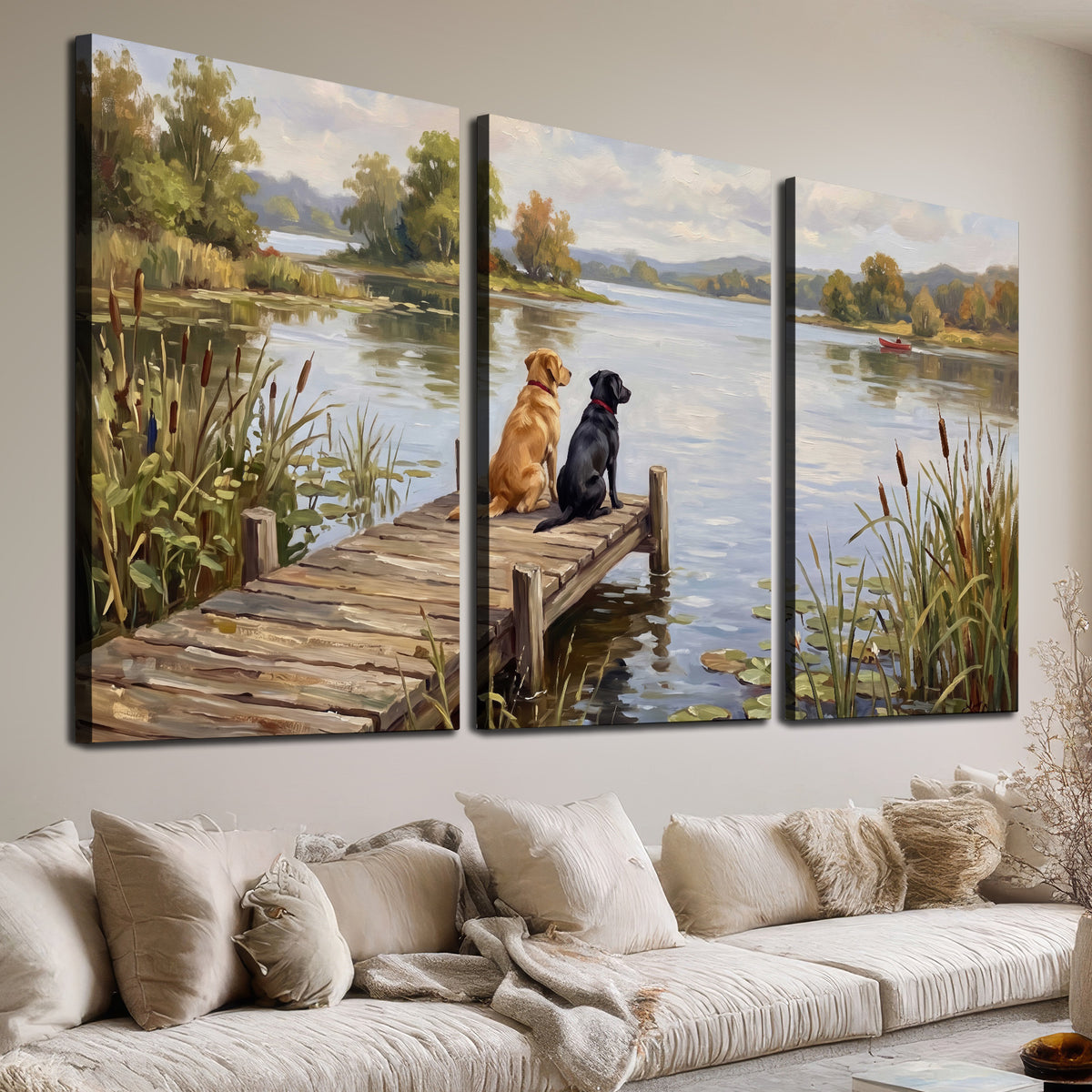 Two dogs sitting together on a wooden dock overlooking a peaceful lake 3 piece canvas wall art room and product view
