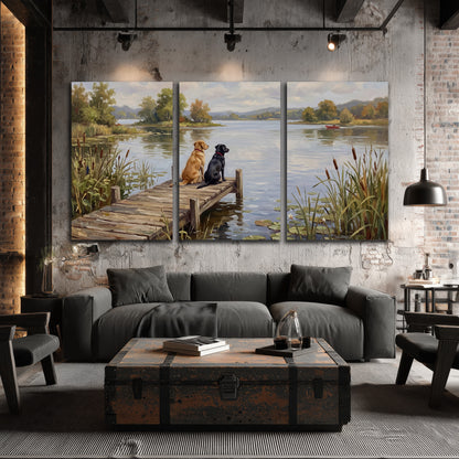 Two dogs sitting together on a wooden dock overlooking a peaceful lake 3 piece canvas wall art displayed in a industrial room