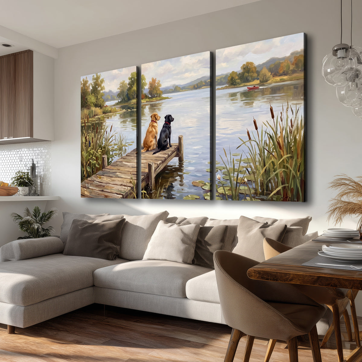 Two dogs sitting together on a wooden dock overlooking a peaceful lake 3 piece canvas wall art room and product view