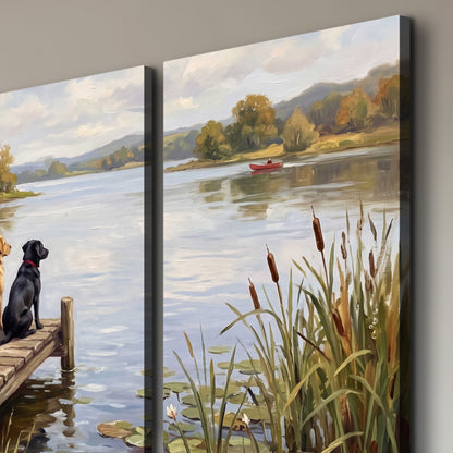 Two dogs sitting together on a wooden dock overlooking a peaceful lake 3 piece canvas wall art room and product view