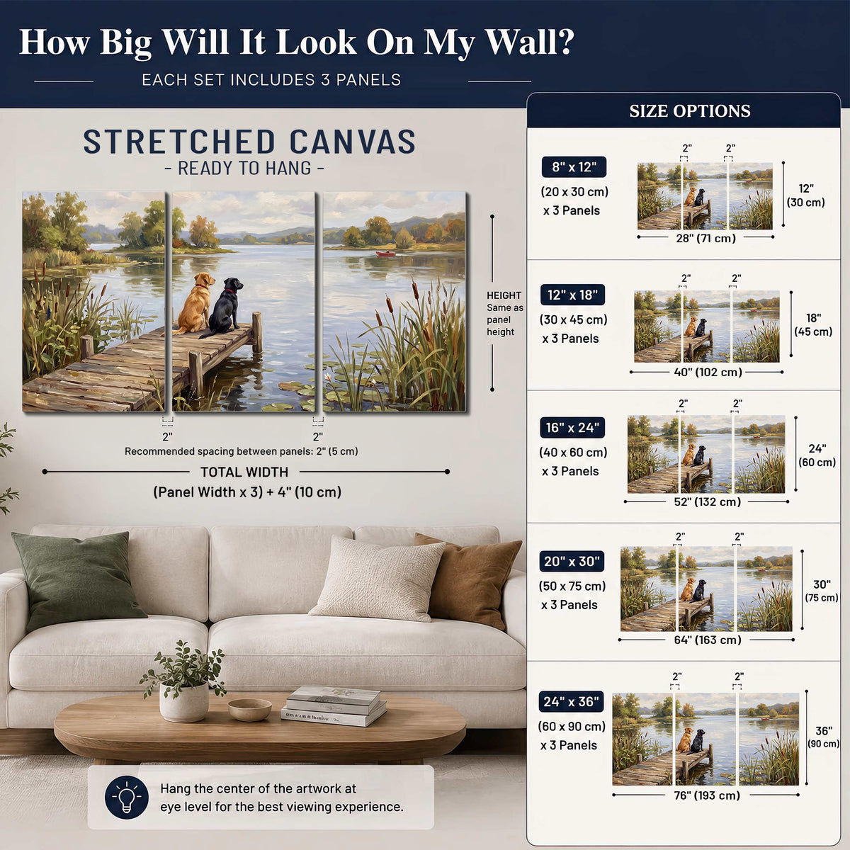 Two dogs sitting together on a wooden dock overlooking a peaceful lake 3 piece canvas wall art size guide above a sofa; room view is illustrative