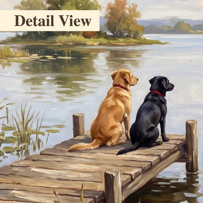 Two dogs sitting together on a wooden dock overlooking a peaceful lake 3 piece canvas wall art artwork detail close up