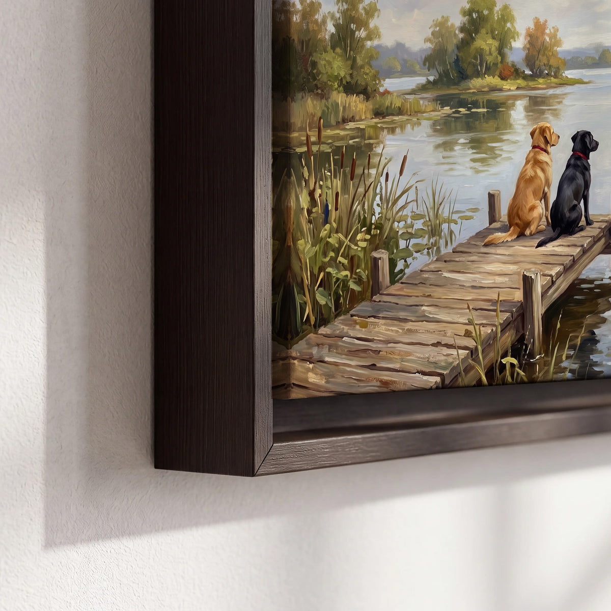 Two dogs sitting together on a wooden dock overlooking a peaceful lake 3 piece framed canvas wall art material and edge close up