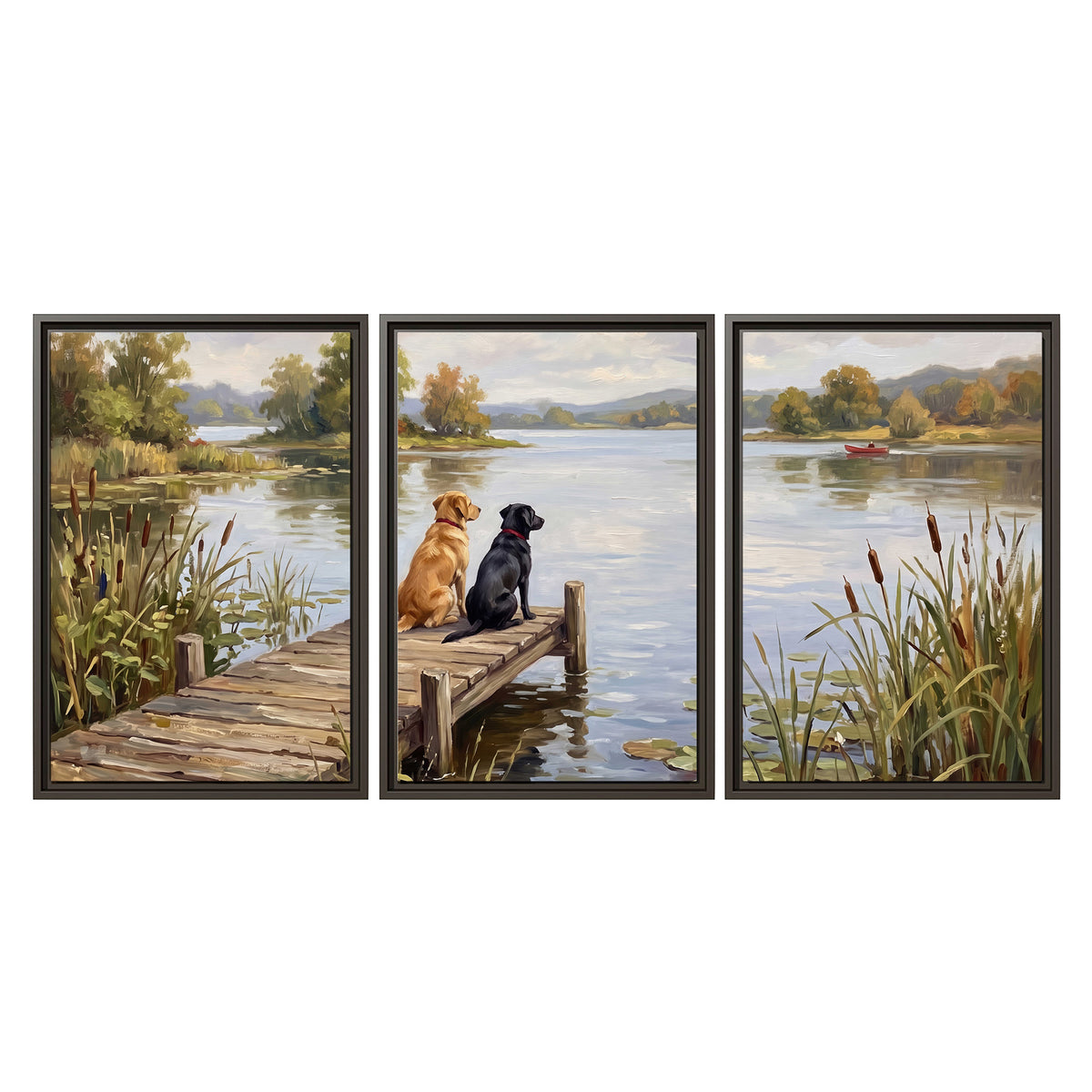 Two dogs sitting together on a wooden dock overlooking a peaceful lake 3 piece framed canvas wall art viewed straight on